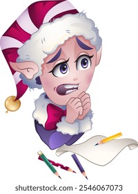 Frightened Christmas character expressing fear with Christmas elf hat. Set of holiday emotions