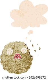 frightened cookie cartoon with thought bubble in grunge distressed retro textured style