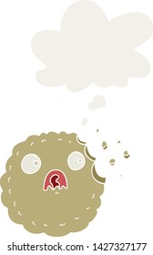frightened cookie cartoon with thought bubble in retro style