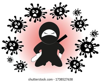 A frightened coronavirus escapes from an angry samurai. Black and white image in kawaii style on a red background. EPS10 vector illustration