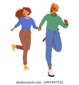 Frightened Couple Running Hand In Hand Depicting Fear And Urgency. Both Characters Are Animated With Expressions Of Shock And Are Dressed Casually. Vector Concept Of Danger, Escape And Urgency