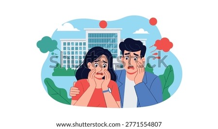 Frightened couple standing in front of a modern building looking shocked and worried with exclamation marks around them.