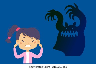 Frightened Cute Child Covering Face With Hands Vector Illustration. Cartoon Little Scared Girl Afraid Of Ghost And Monster From Nightmare In Dark Room, Panic And Phobia Of Lonely Child Background