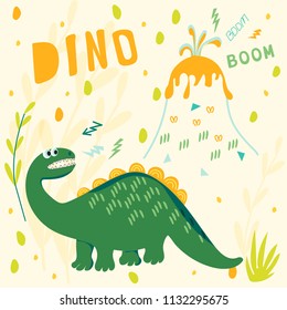 The frightened dinosaur watch as the volcano erupts. Vector illustrations with text for children's clothing, t-shirts, fabrics, postcards, books. Style of comics and cartoons