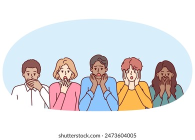 Frightened diverse people open mouths touch faces and experience shock and panic. Multiethnic frightened men and women are frightened after hearing unexpected news about problems in economy