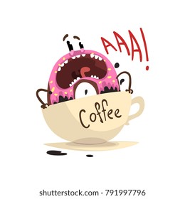 Frightened donut drowning in cup of coffee. Cartoon character of doughnut with vanilla glaze and sprinkles. Flat vector design for cafe poster, print or sticker