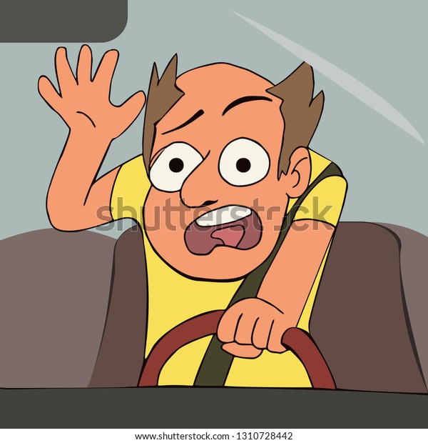 frightened driver portrait, vector cartoon\
illustration of risk of road\
accident