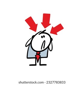 Frightened employee is overwhelmed by everyone's attention. Red arrows overhead. Vector illustration of a businessman unsuccessful in finance. Doodle cartoon stick man character isolated. 