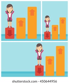 A frightened female bankrupt clutching her head. Bankrupt standing on chart going down. Concept of business bankruptcy. Vector flat design illustration. Square, horizontal, vertical layouts.
