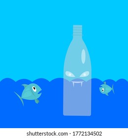 Frightened Fish Floats A Frightened Fish; A Transparent Plastic Bottle With Sharp Fangs And Evil Eyes; An Ocean And Environment Pollution Concept