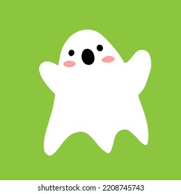 A frightened ghost in cartoon style isolated on a green background. Vector Halloween illustration.