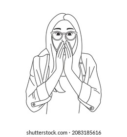 The frightened girl covers her face with her hands. Amazement, shock. Vector contour black and white illustration of human emotions.