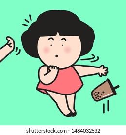 Frightened Girl Dropping A Cup Of Chocolate Bubble Milk Tea When Seeing Someone Stretched Out Hands Beckoning And Calling Concept Card Character illustration
