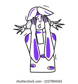 Frightened girl, emotion of fear. Afraid half body teenager with ponytail hair, horror panic mood female kid, dread, cover her face with hands. Line with purple spots style, juvenile vector drawing.