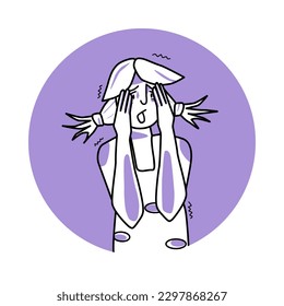 Frightened girl, emotion of fear, facial expression with gestures. Afraid teenager with ponytail hair, expressing her panic feelings. Purple vector circle icon.