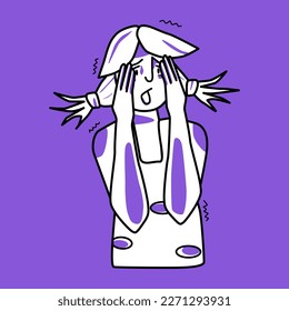 Frightened girl, emotion of fear, purple and white. Afraid half body teenager with ponytail hair, horror panic mood female kid, dread, cover her face with hands. Line vector drawing.