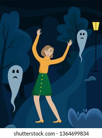 The frightened girl raised her hands in a dark forest. Ghosts. Isolated vector illustration. 