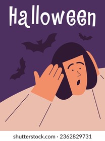 Frightened girl running away from bats on text background. Scary atmosphere with bat silhouette. Flat vector illustration in cartoon style.