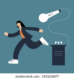 Frightened girl runs away from the stage. Fear of public speaking or glossphobia. Social anxiety and mental health disorder. Psychology concept. Isolated flat vector illustration