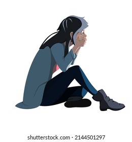 Frightened girl sits and looks at the war, the consequences of the war