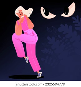 Frightened girl, vector cartoon character, walking in dark through bushes and jumped in fear, because big evil, ominous eyes were looking at her from behind the bushes.
