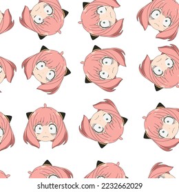 Frightened girl with wide open eyes, the girl has ears and lush pink hair, patern svg