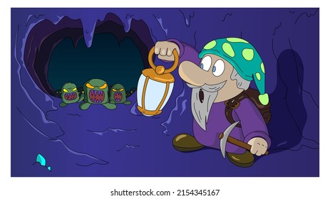 frightened gnome with lamp attacked by scary underground monsters in the dungeon