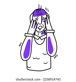 Frightened grandfather, emotion of fear. Afraid half body elderly man line drawing, horror panic mood, dread, cover his face with hands. Line art with purple spots.