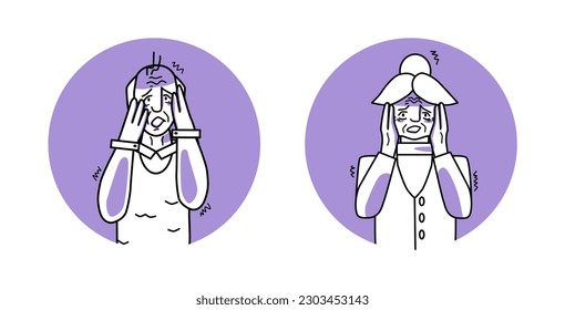 Frightened grandfather and grandmother circle icon, emotion of fear, facial expression with gestures. Old people are afraid, expressing their panic feelings. Purple vector illustration.