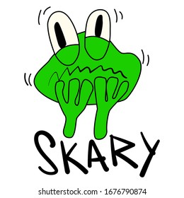 Frightened green toad. The word "Scary" The emotion of fright to shiver. Cartoon style. Holding a frog's mouth with trembling paws. Vector character for print, children's books, and stickers.