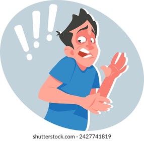 Frightened guy, man shocked at what is happening, strong emotion of  man with exclamation points in his speech bubble. Stock vector illustration