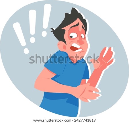 Frightened guy, man shocked at what is happening, strong emotion of  man with exclamation points in his speech bubble. Stock vector illustration