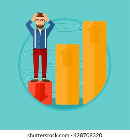 A frightened hipster bankrupt clutching his head. Bankrupt standing on chart going down. Concept of business bankruptcy. Vector flat design illustration in the circle isolated on background.