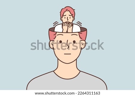 Frightened human sits in head of calm man hiding fear and emotions from others. Frightened guy experiences internal panic but does not want to show personal problems