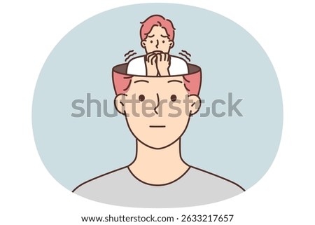 Frightened human sits in head of calm man hiding fear and emotions from others. Frightened guy experiences internal panic but does not want to show personal problems
