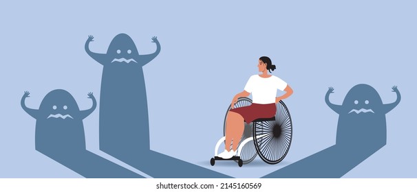 Frightened inclusive woman in wheelchair, feelings of fear, panic, sadness. Flat vector stock illustration. Mental health. Concept of panic attacks, loneliness, sadness