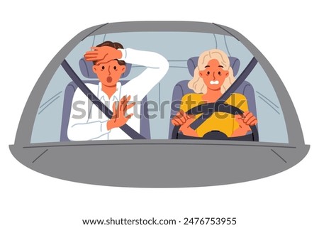 Frightened instructor from driving school near female driver driving car and risking accident and injury. Girl disregard traffic rules due to lack of qualifications to drive vehicle.