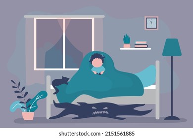 Frightened Kid Hiding Under Blanket From Monster. Little Girl Scared Of Ghost Under Bed. Childhood Nightmares, Childish Fears. Bedroom Interior. Lonely Teenager Afraid Of Dark. Vector Illustration