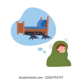 Frightened kid shaking in blanket scared of monster under bed, flat vector illustration isolated on white background. Children phobias and fears concept. Kid afraid of dark.