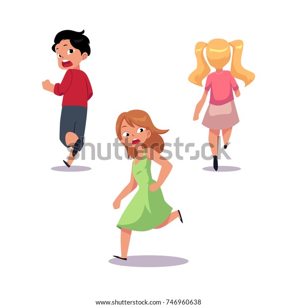 白い背景に怯えた子ども 少年と二人の女の子が恐怖とパニックで走り去る 漫画のベクターイラスト 怖がって走る 可愛い10代の子ども 少年 少女 のベクター画像素材 ロイヤリティフリー