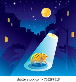 Frightened kitten at the night in the city under the lantern light. Vector Illustration.