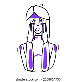 Frightened lady, emotion of fear. Afraid half body woman line drawing, horror panic mood, dread, cover her face with hands. Line art with purple spots.