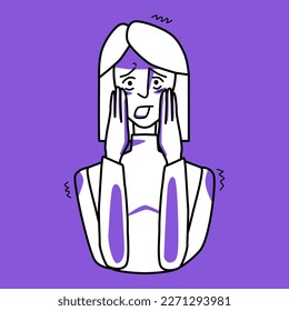 Frightened lady, emotion of fear, purple and white. Afraid half body woman line drawing, horror panic mood, dread, cover her face with hands. Line art with spots.