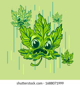 Frightened leaf of a tree with open mouth. Cartoon falling leaf