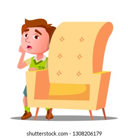 Frightened Little Boy Looks Out From Behind The Armchair Vector. Isolated Illustration