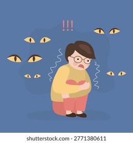 Frightened little boy sits huddled in dark, surrounded by mysterious glowing eyes that represent childhood fears and anxiety. Child mental health issues, fears and worries. flat vector illustration