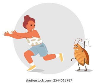 Niña asustada escapando de la Ilustración vectorial de cucaracha