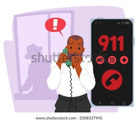 Frightened Male Character Calling 911 For Emergency Help. He Appears Distressed With A Shadowy Figure In The Background. The Concept Reflects Urgency, Fear, And Danger. Cartoon Vector Illustration