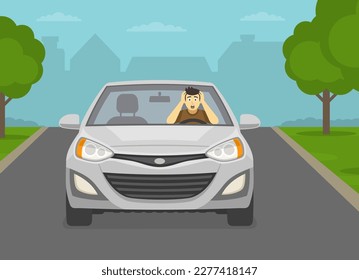 Frightened male driver holding his head with hands on road. Front view of a white car on street. Flat vector illustration template.