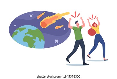 Frightened Male and Female Characters Run Away from Meteorite Burning Balls Fall on Earth. Natural Phenomenon in Space with Asteroids Falling, Apocalypse Disaster. Cartoon People Vector Illustration